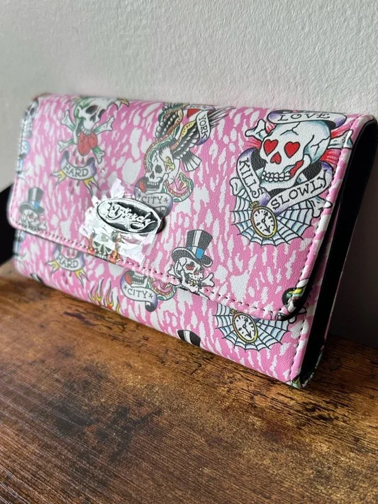 Ed Hardy Pink Tattoo-Inspired Skeleton Women’s Long Wallet Fold Out NWT - Picture 2 of 5